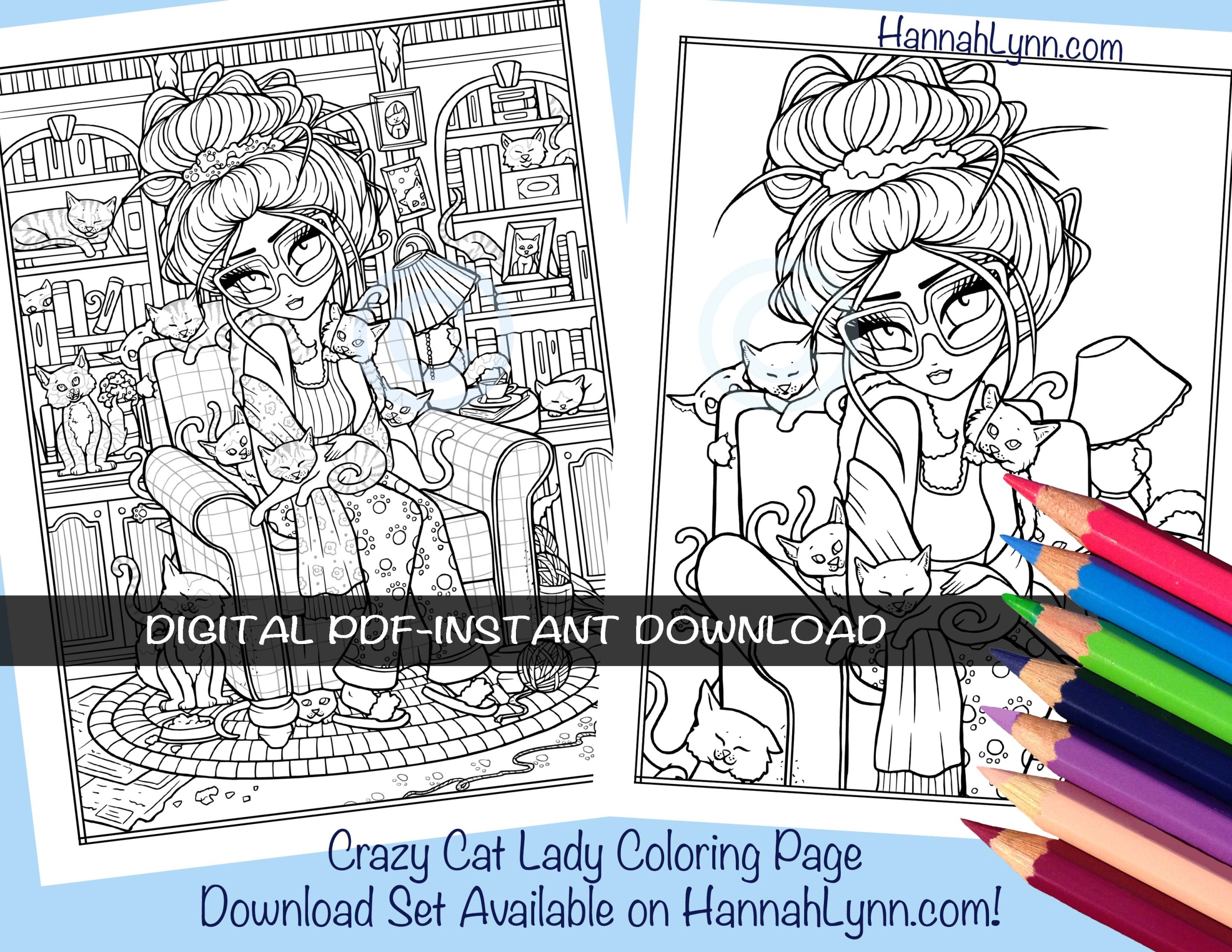 Crazy Cat Lady Coloring Page Download Set